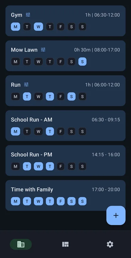Tiles list showing goals with target hours and allowed days